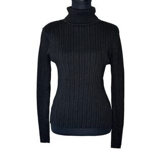 NorthCrest Women’s Ribbed Metallic Turtleneck Sweater Cotton Blend Black Size M